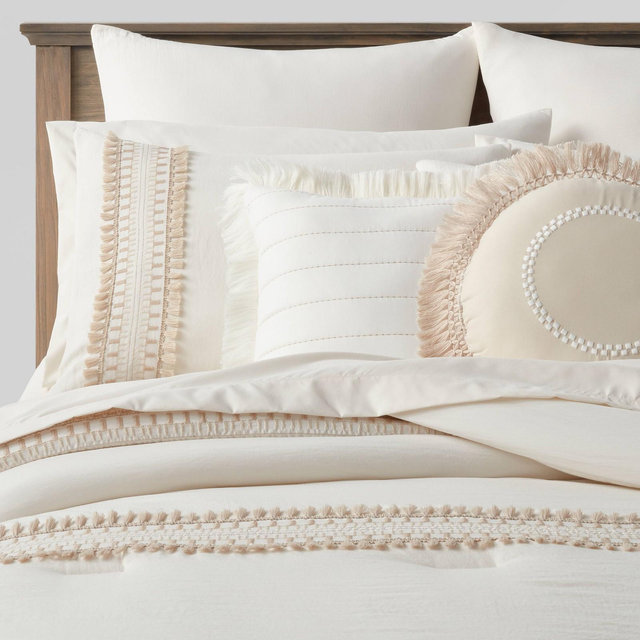 12pc Queen Somerton Fringe Stripe Comforter & Sheet Bedding Set White/Natural - Threshold™