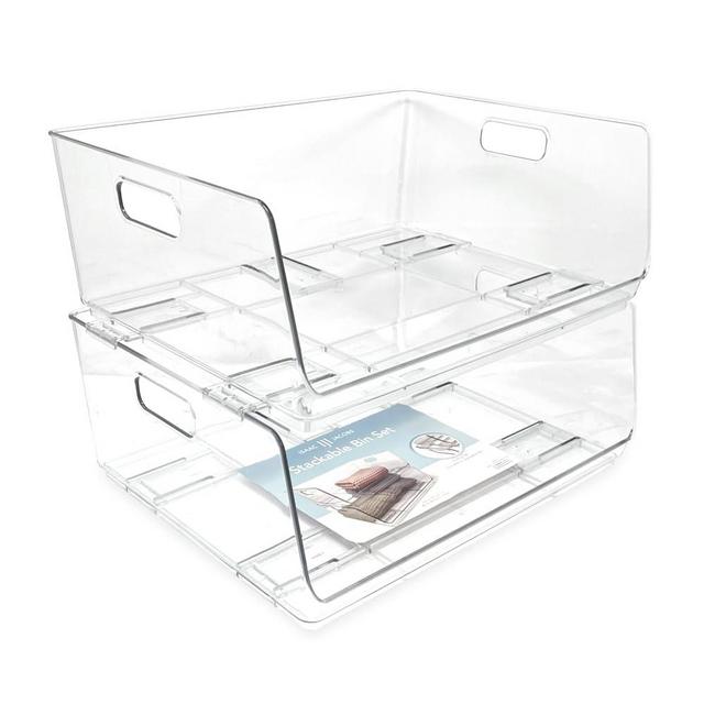 Isaac Jacobs 2-Piece (16" x 12" x 6.1") X-Large Wide Stackable Clear Storage Bins w/Open Front, Versatile Use, Set of 2, Desk, Office, Bathroom, Bedroom, Closet