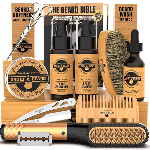 Beard Straightener Grooming Kit for Men, 2 Oz Growth Oil, 2 Oz Sandalwood Balm, Beard Wash, Beard Brush & Comb, Beard Conditioner, Beard Razor and Scissors, & Beard E-Book, Great for Christmas Gift