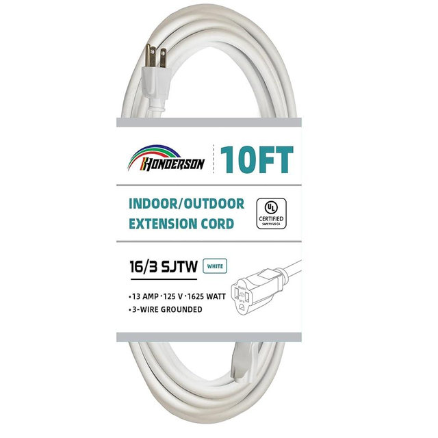 HONDERSON Indoor Outdoor Extension Cord Weatherproof, UL Listed, 16 Gauge 10FT White 3 Prong Heavy Duty, 16/3 SJTW 13A Power Cord for Outdoor Lights, Appliances, Lawn