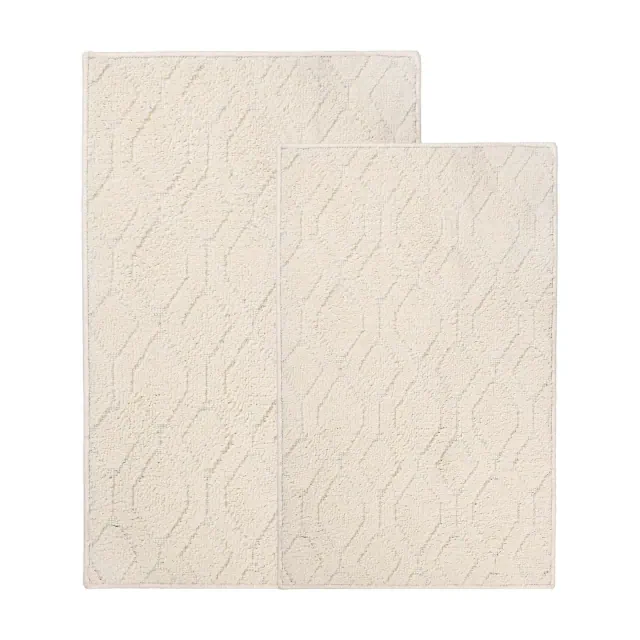 Diamond Lattice Textured Machine Washable Bath Rugs, Set of 2, Ivory - Blue Nile Mills