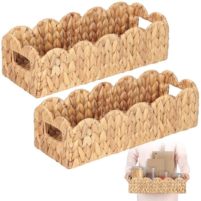 2Pcs Toilet Tank Basket for Bathroom, Handwoven Water Hyacinth Scalloped Countertop Storage Basket, Scalloped Edge Wicker rectangle Basket for Toilet Paper Baskets, Vanity, Entryway or Living Room ...