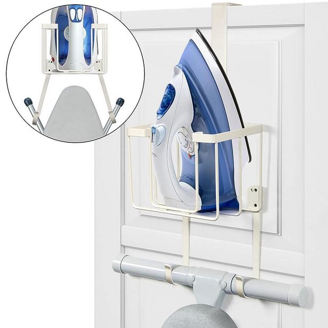 ORLESS Over The Door/Wall Mount Ironing Board Hanger, Laundry Room Iron and Ironing Caddy Board Storage Holder, White