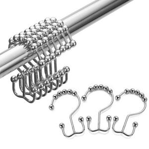 Amazer Shower Curtain Hooks Rings Double Shower Curtain Rings Stainless Steel Rustproof Metal Double Glide Shower Hook Ring Chrome for Bathroom Shower Rods Curtains, Polished Chrome, Set of 12 Hooks
