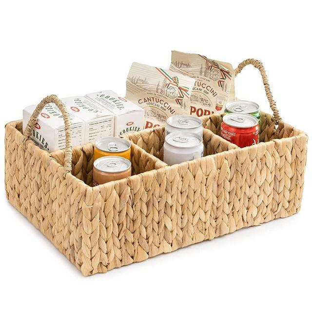 Water Hyacinth Basket With Dividers 15.7 x 10.6 x 5.5 in Bathroom Wicker Baskets for Shelves Rectangle Divided Woven Natural Basket Hyacinth for Organizing 4 Section Feminine Wicker Storage Basket