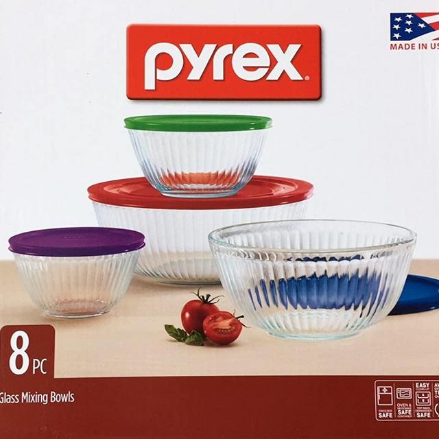 Pyrex 8 Piece Ribbed Bowl (4) Set Including Assorted Colored Locking Lids (Ribbed)