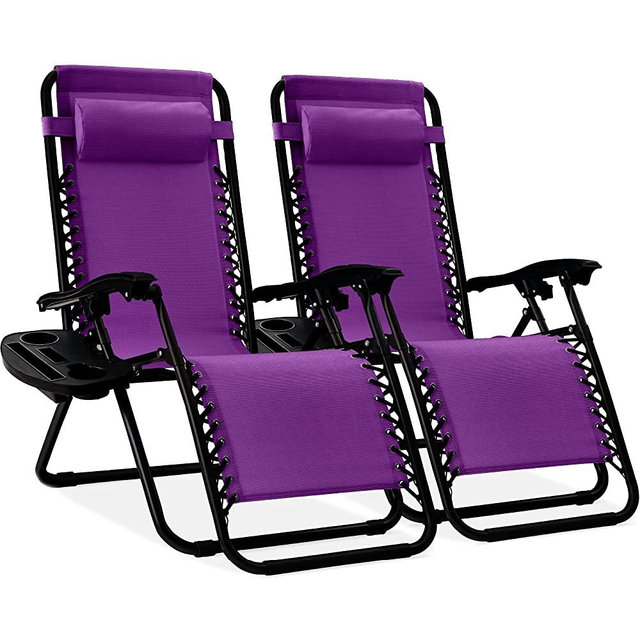 Best Choice Products Set of 2 Adjustable Steel Mesh Zero Gravity Lounge Chair Recliners w/Pillows and Cup Holder Trays - Amethyst Purple