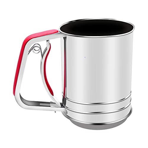 Stainless Steel Flour Sifter Hand Squeeze with Double Sifter Sieves(3-Cup, Red)