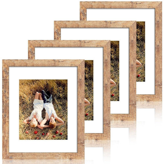 iRahmen 11x14 Picture Frame Set of 4 with Tempered Glass, Rustic Brown Frame Display 8x10 Pictures with Mat or 11 x 14 Without Mat, Wooden Photo Frames for Wall Mounting