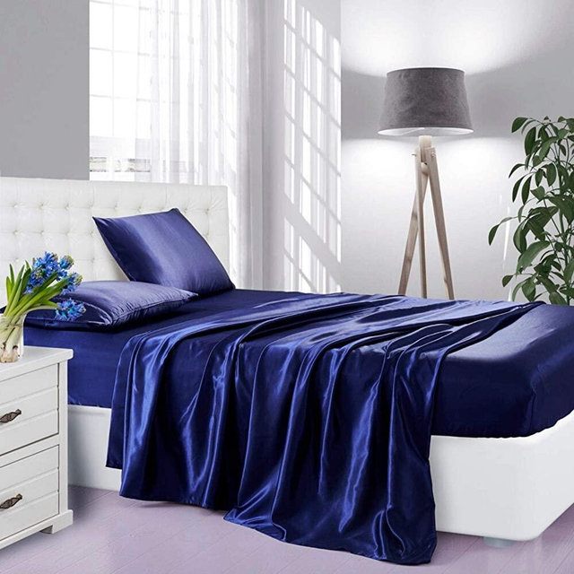 Lanest Housing Silk Satin Sheets, 4-Piece Queen Size Satin Bed Sheet Set with Deep Pockets, Cooling Soft and Hypoallergenic Satin Sheets Queen - Navy Blue