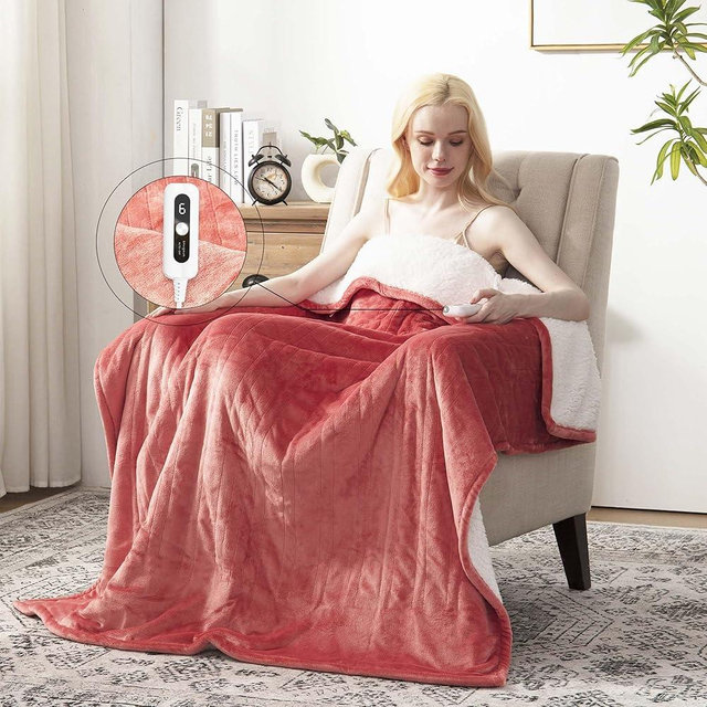 SNUGSUN Heated Blanket Throw Size, Soft and Cozy Electric Heating Blanket for Bed, Automatic Safety System 6 Heating Levels & 4 Hours Auto-Off, 50" x 60" Grapefruit Red