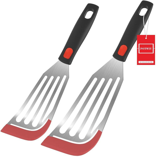 POTWIY Silicone Fish Turner Spatula Set, 12.3" & 10.6" Fish Spatulas for Nonstick Cookware, 600°F Heat Resistant Silicone Slotted Spatulas for Kitchen Cooking Fish, Egg, Flexible and Thin (Red)
