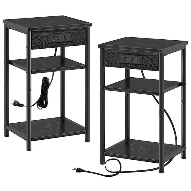 Rolanstar End Table with Charging Station, Set of 2 End Table, Small Nightstand with Storage Shelf, 3 Tier Slim Side Table with USB Ports & Outlets, Sofa Bedside Table for Bedroom, Living Room, Black