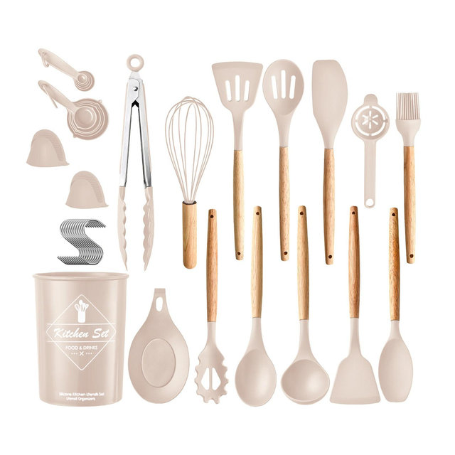 NewHome "35-Piece Kitchen Utensils Set with Spatulas, Turner, Spoons, Measuring Cups, Whisk, Tong & Holder" Khaki