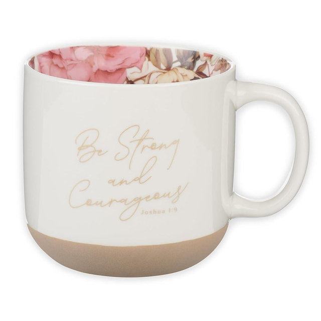 Christian Art Gifts Large Novelty Inspirational Ceramic Coffee & Tea Mug for Women: Strong & Courageous Encouraging Scripture, Non-toxic, Lead & Cadmium-free, White Floral, 15 oz.