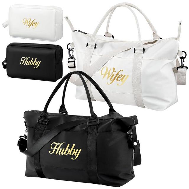 Sanwuta 4 Pcs Wifey Hubby Duffel Bag Set 2 Honeymoon Travel Bags with 2 Toiletry Pouches Weekender Gym Tote for Couple Wedding Engagement Valentines His Hers Gifts Bridal Shower Gifts