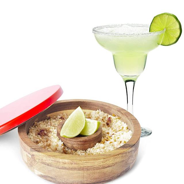 BAR LUXE Margarita Salt Rimmer with Lid in Stylish Red, Natural Acacia Wood Cocktail Glass Rimmer with Garnish Compartment, for Wide Glasses up to 5.5 Inches