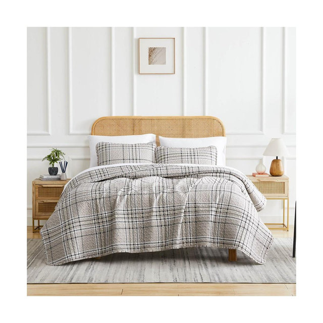 Southshore Fine Living Oversized Lightweight Vilano Plaid 3-Piece Quilt Set Mocha Full / Queen