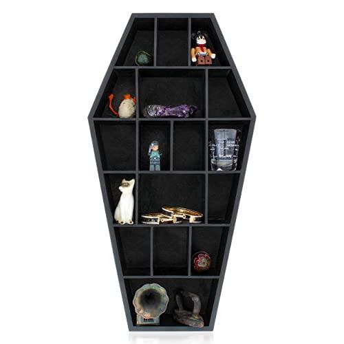 Gothic Curiosities Curio Coffin Shelf - Wooden Goth Decor for Display or Storage of Shot Glasses, Mini Figures, Rocks, and More - 18 by 9.5 by 2.5 Inches