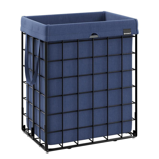 SONGMICS Laundry Hamper, 23.8 Gal. (90L) Laundry Basket, Collapsible Clothes Hamper, Removable and Washable Liner, Metal Wire Frame, for Bedroom Bathroom, Black and Charcoal Blue ULCB190Q01