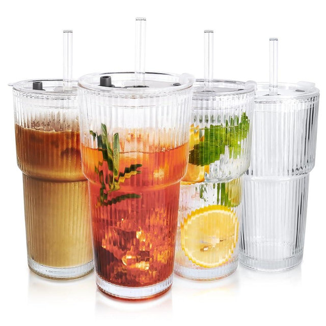 Colnic 4PCS 20oz Glass Cups with Lids and Straws, Iced Coffee Cups with Lids, Stylish Ribbed Thick Drinking Glasses Tumbler for Juice, Smoothies, Cold Beverages, Cute Cup Gifts with Clean Brush