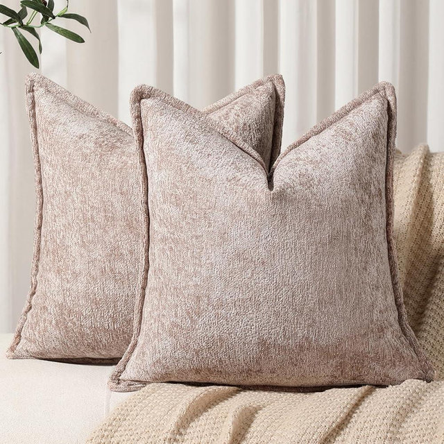 DEZENE Pack of 2 Khaki Decorative Throw Pillow Covers 18x18 Cozy Soft Chenille Accent Vintage Square Couch Pillow Covers for Home Decor Bed Sofa Living Room