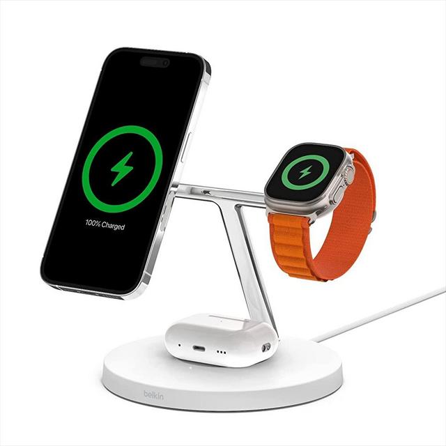 Belkin MagSafe 3-in-1 Wireless Charging Stand - 2ND GEN w/ 33% Faster Wireless Charging for Apple Watch - iPhone 14, 13 & 12 series & AirPods - MagSafe Charging Station For Multiple Devices - White