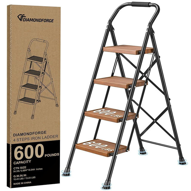 Step Ladder Foldable Folding Stool - for Home Adults Kitchen 4 Stepping Extension Tall Heavy Duty with Handrails - Closet Stepstool Stair Ladders Extendable Stepladder for Indoor House 600Lbs