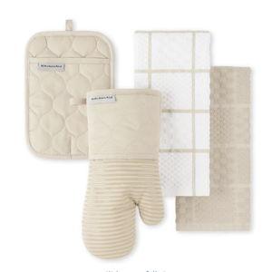 KITCHENAID Quilted Cotton Terry Cloth Oven Mitt, Pot Holder, Kitchen Towel 4-Pack Set, Heat Resistant, Silicone Grip, 16"x26", 7"x13" & 7"x10", Milkshake