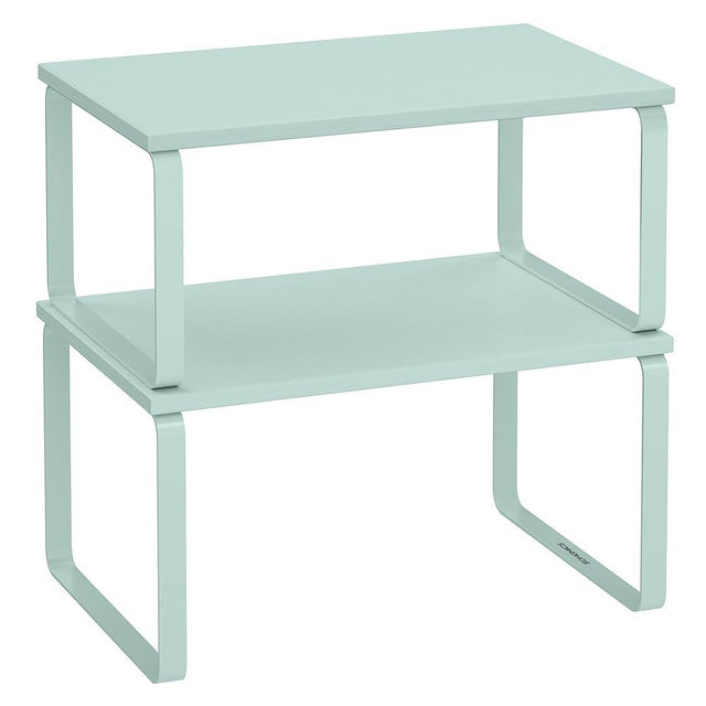 SONGMICS Cabinet Organizer Shelf, Set of 2 Kitchen Counter Shelves, Kitchen Storage, Spice Rack, Stackable, Expandable, Metal and Engineered Wood, Moonlight Green UKCS002C01
