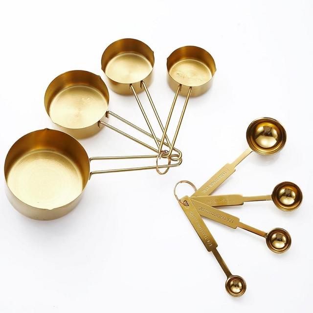 Gold 304 Stainless Steel Measuring Cup and Spoon Set, Stackable, 8-Piece, Long Handle for Narrow Bottles, Premium Gold Kitchen Utensils for and Cooking