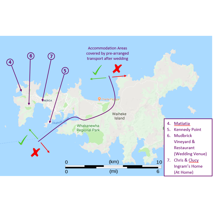 Key locations in Waiheke and areas where transport after the wedding will drop guests