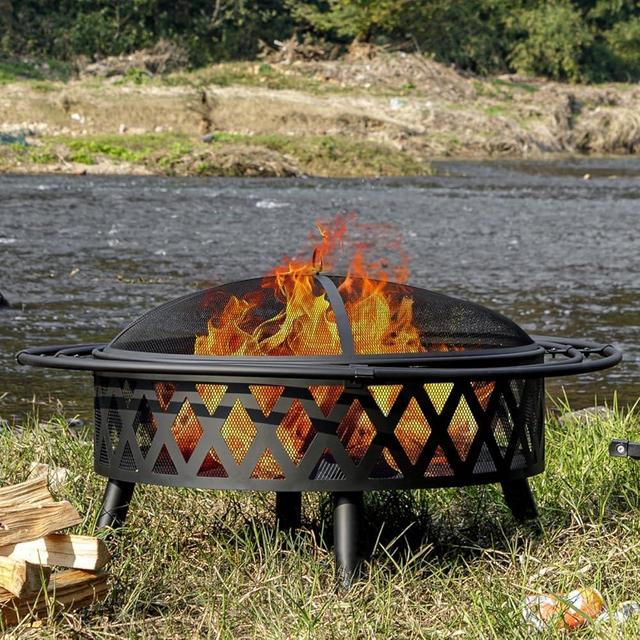 EcoNook 42 Inch Wood Burning Fire Pit with 2 Loops, Outdoor Fire Pit with Spark Screen & Fire Poker, Cross Weave Firepit for Outside Fireplace Bonfire for Yard,Patio, Garden