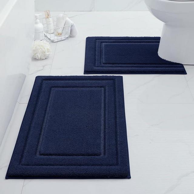 HOMEIDEAS Bathroom Rugs Sets 2 Piece, Super Soft and Absorbent Non Slip Microfiber Machine Washable U-shaped Toilet Bath Mat Set (Navy Blue)