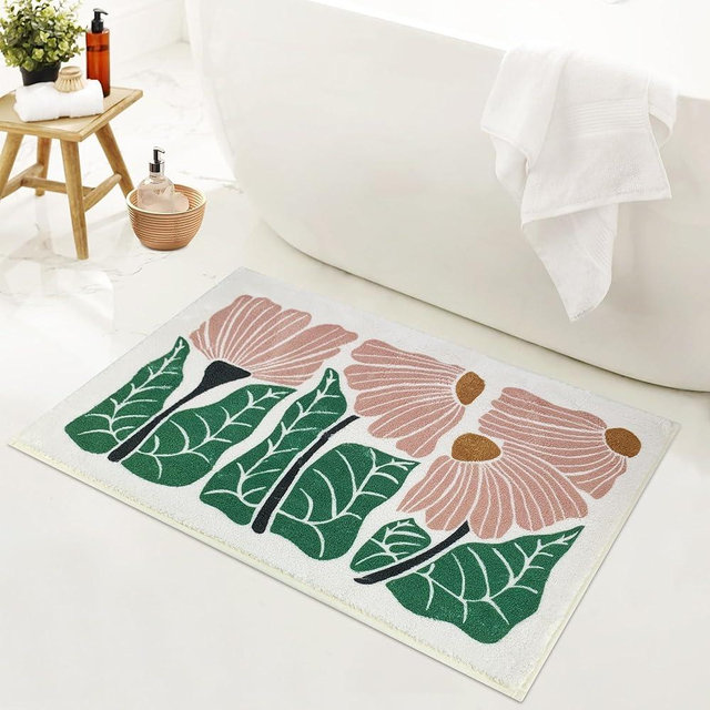 SHIYUE Cute Flower Bath Mat for Bathroom Rugs, Ultra Soft and Fluffy Microfiber Water Absorption Non Slip Mat for Bedroom Kitchen Bathroom Toilet Floors(18"×26" Pink)