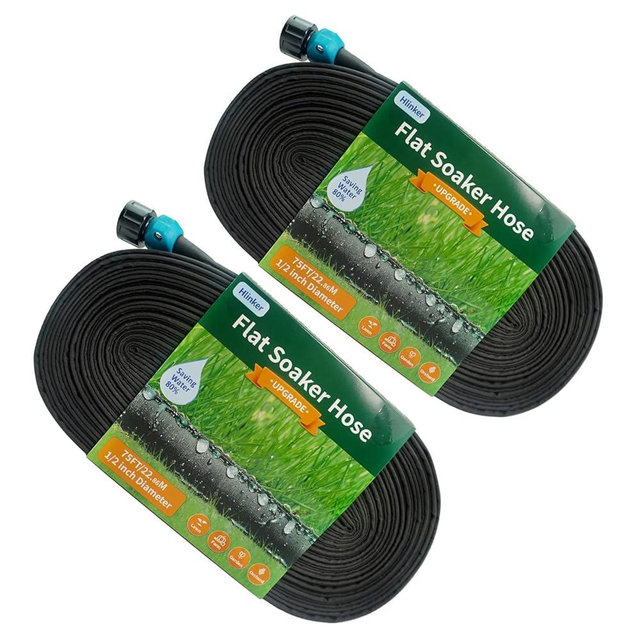 Hlinker Flat Soaker Hose 75 150 FT for Garden Beds, 150FT 1/2" Linkable Consistent Drip Irrigation Hose Save 80% Water, Leakproof Heavy Duty Double Layer Sprinkler Hose