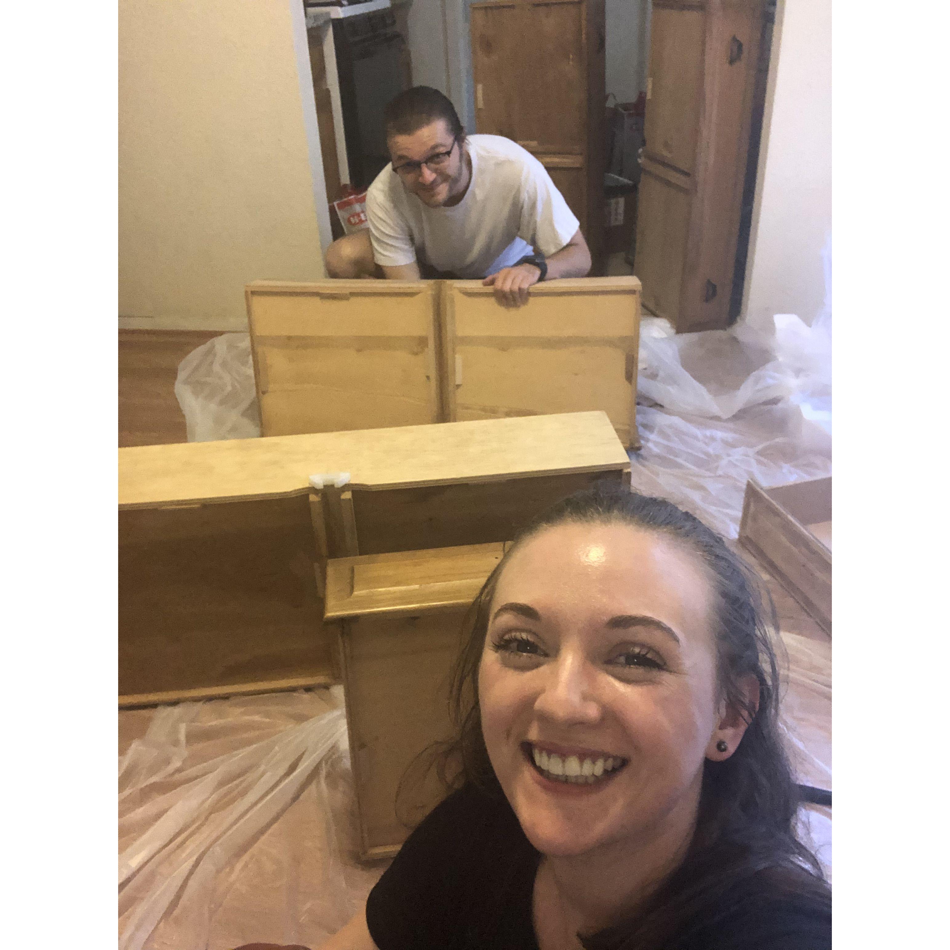 Summer 2021 - we're moving in together! Here we are painting a dresser Cassidy's parents were getting rid of to match our  ✨aesthetic✨