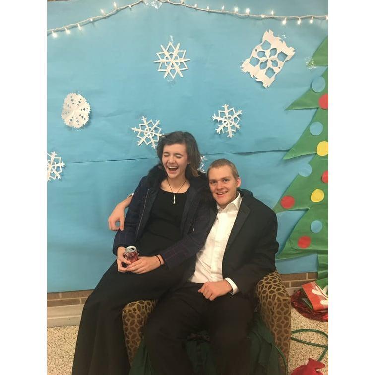 Right after a winter band concert! Zach plays trumpet, and Krista plays tuba.
