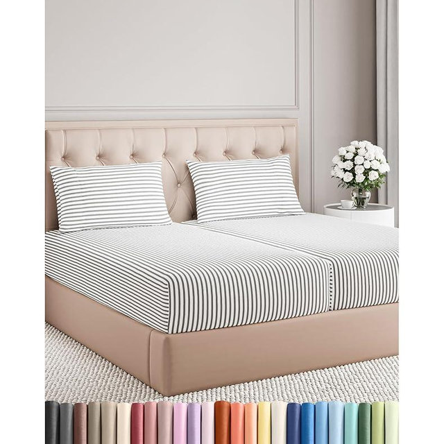 Split King Size 5 Piece Sheet Set - Comfy Breathable & Cooling Bed Sheets Set - Hotel Luxury Bedding for Women, Men, Kids, Teens, Boys & Girls - Deep Pockets & Wrinkle Free - Oeko-Tex - Grey Stripes 2