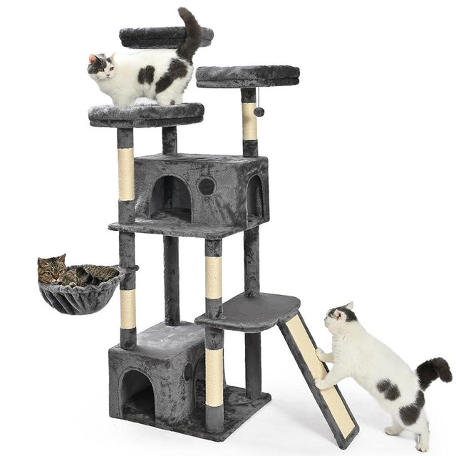 Amazon Basics 68-Inch Large Cat Tree Tower, Multi-Level Activity Center with 2 Large Condos, Multiple Sisal Scratching Posts and Hanging Pompoms, Gray