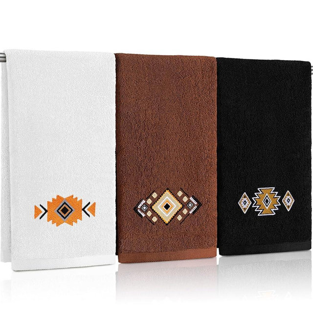 FuWeave 3 Pcs Western Aztec Hand Towels Southwest Sunset Decorative Bathroom Towels 13.3 x 29.5'' Vintage Embroidered 100% Cotton Soft Absorbent Towels for Bathroom Kitchen Decor