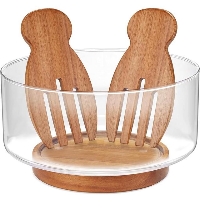 HouseJoy Large Salad Bowl Set, Glass Salad Bowl with Acacia Wood Base and Salad Hands, Serving Bowls for Fruits, Popcorn, Chips, Pasta, Microwave & Dishwasher Safe, Kitchen Must-Have