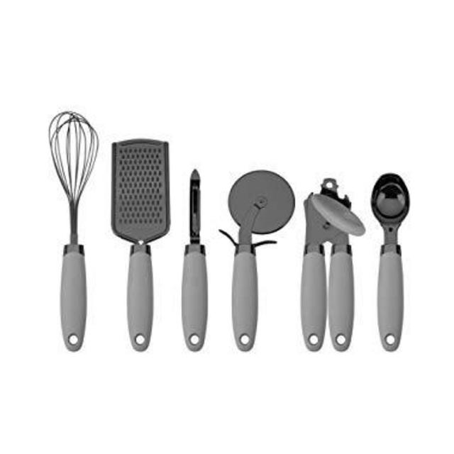 Country Kitchen 6 Pc Essentials Kitchen Stainless Steel Gadget Set Black Gun Metal with Soft Touch Handles for Cooking