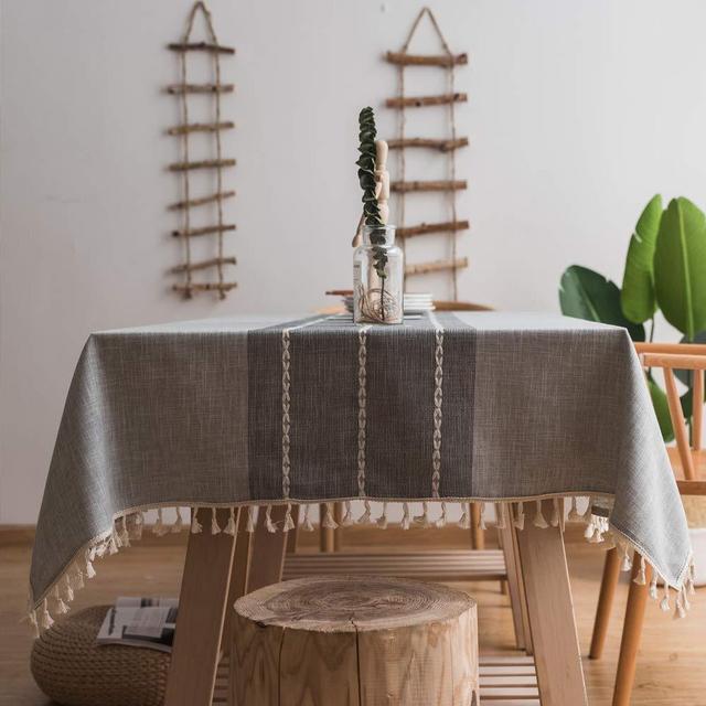 Lamberia Cotton Linen Tablecloths with Tassel for Rectangle Tables Heavyweight Burlap Table Cover for Kitchen Dinning Tabletop Decoration (Gray, 55"x70")