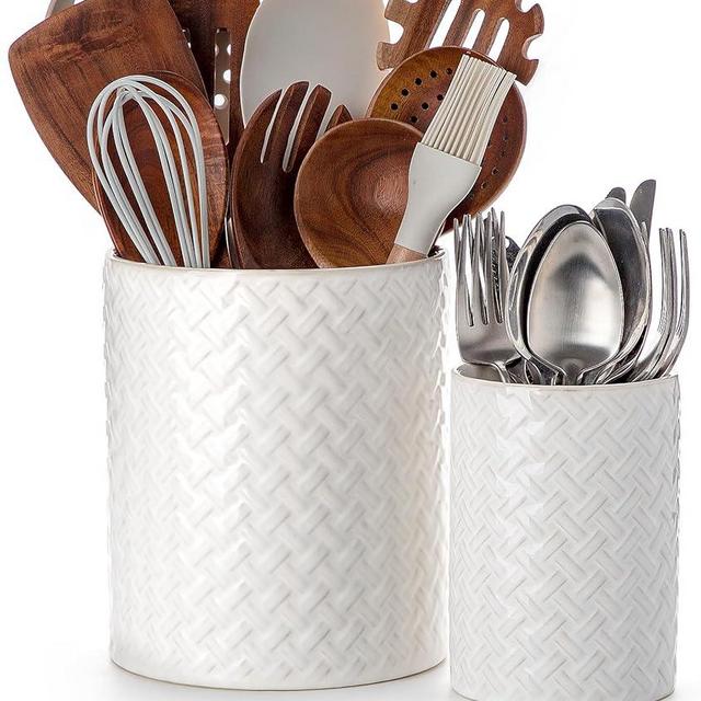 Utensil Holder - 7.2"+5.4" Ceramic Utensil Holder for Kitchen Counter, Large Utensil Crock Flatware Organizer Spatula Holder for Counter, Farmhouse Embossed Vase for Housewarming, Home & Kitchen Decor