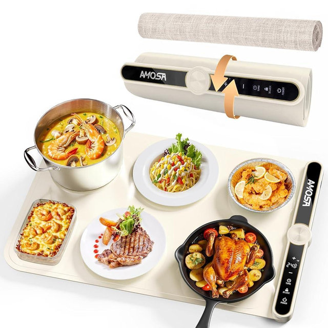 Warming Mat for Food, Fast Heating Electric Food Warmers with 9 Level Temperature and 6 Hours Timer, Large Roll Up Silicone Food Heating Mat, Portable Warming Trays for Buffets Party (Yellow)