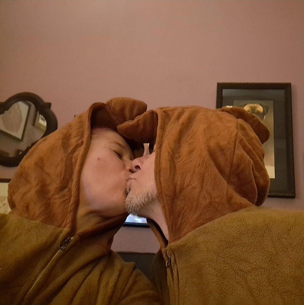 Early 2024/late 2023 at G&V's, with matching pterodactyl onesies.