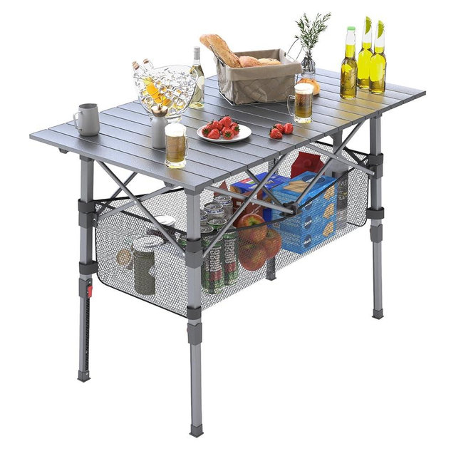 Portable Camping Table with Adjustable Legs, Lightweight Aluminum Roll-up beach tables for sand foldable，Folding Table with Carrying Bag for Outdoor Camping,Cooking, Picnic, Backyards, BBQ and Party