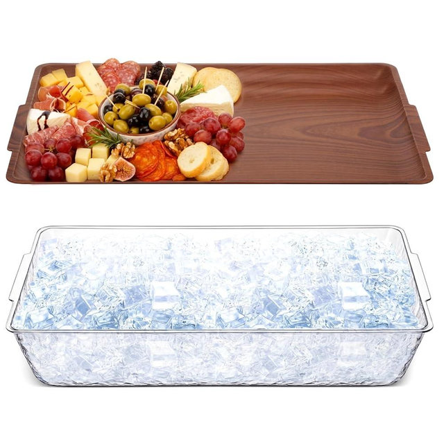 Baderke 1 Set 16" x 9" Plastic Chilled Serving Tray for Parties with Compartments Ice Chilled Party Platter Charcuterie Serving Board Cold Dish Dip for Fruit Seafood Vegetable Appetizer (Dark Wood)