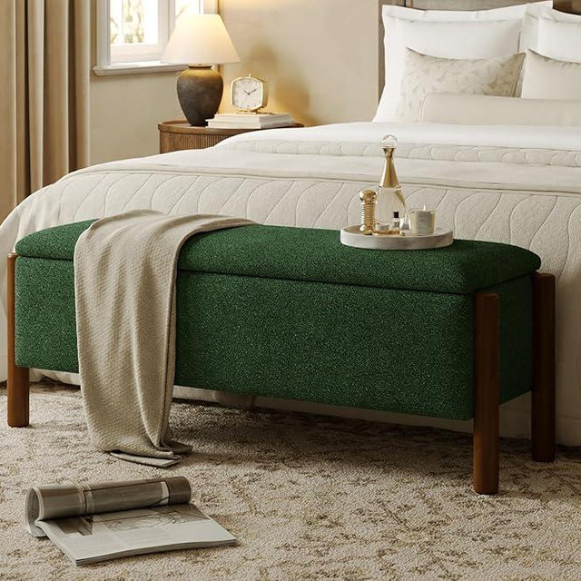 Quenvo Modern Storage Benches with Walnut Wood Legs, 47'' Ottoman Bench with 20 Gallons Storage Space for Bedroom End of Bed, Fabric Upholstered Entryway Bench with Seating for Livingroom, Green
